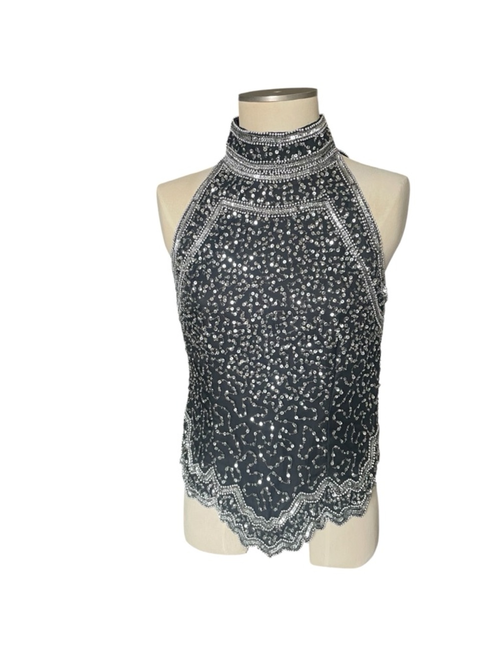 Vintage Embellished Black Halter Beaded Top